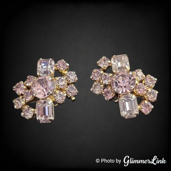 Vintage Mid Century Pink Lavender Rhinestone Gold Tone Climber Clip On Earrings - Picture 1 of 8